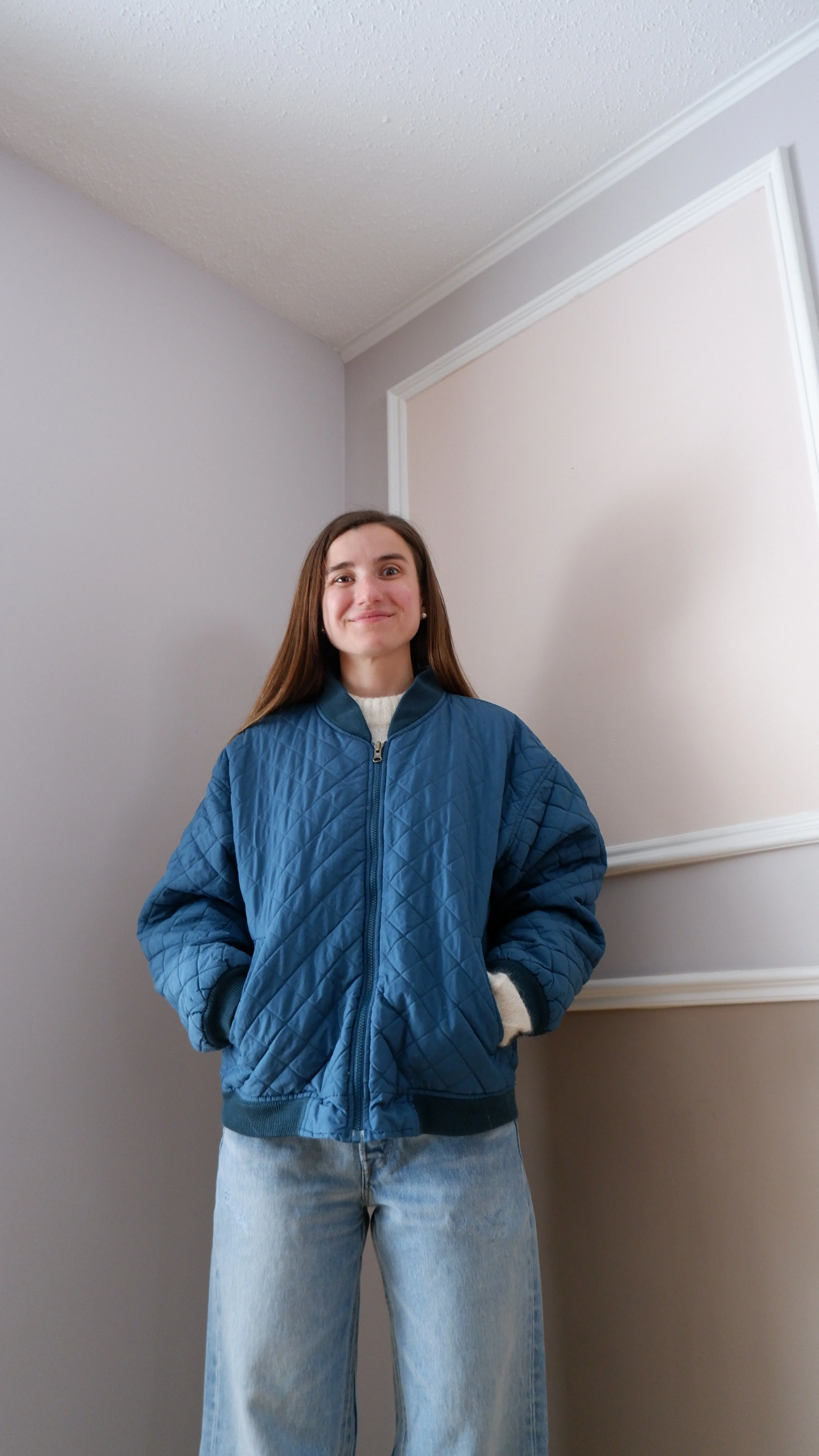 90s Blue Quilted Bomber - L