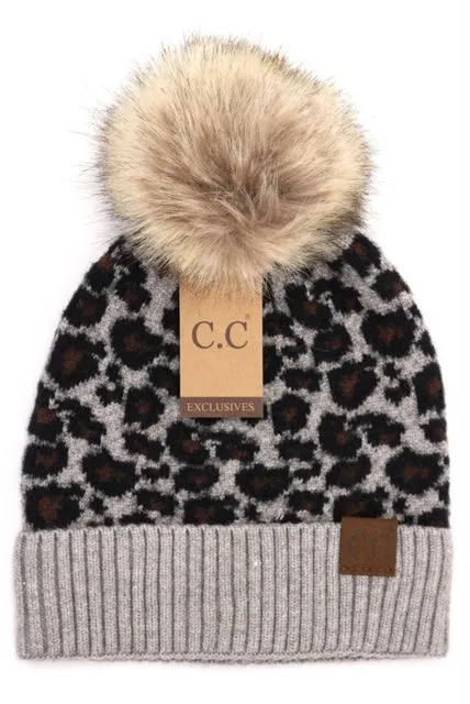 Animal Print Fur Pom CC Beanie