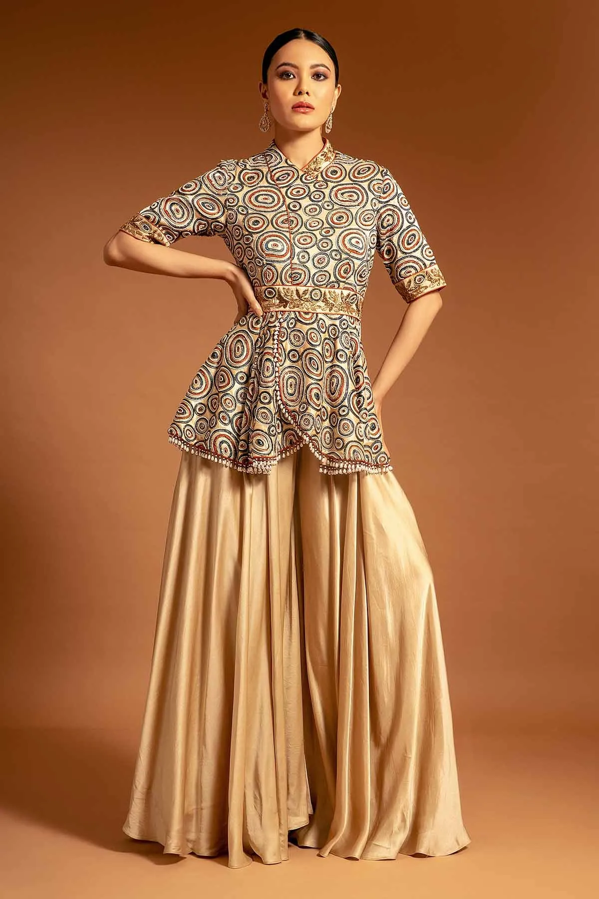Beige Print Embroidered Jumpsuit