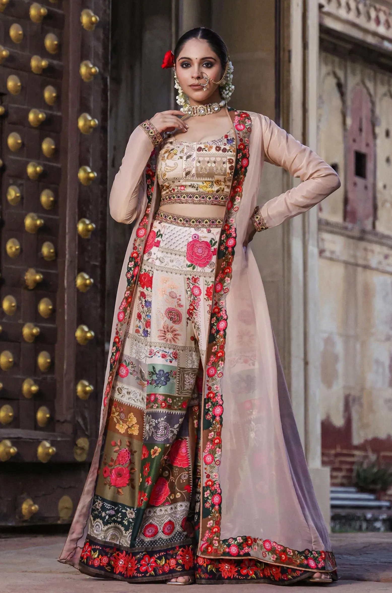 Beige Raw Silk Floral Print Cape Set