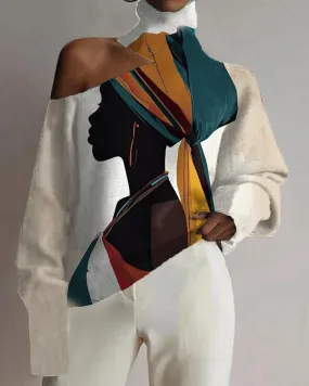Black Ethnic Patchwork Print Sexy Cutout Top
