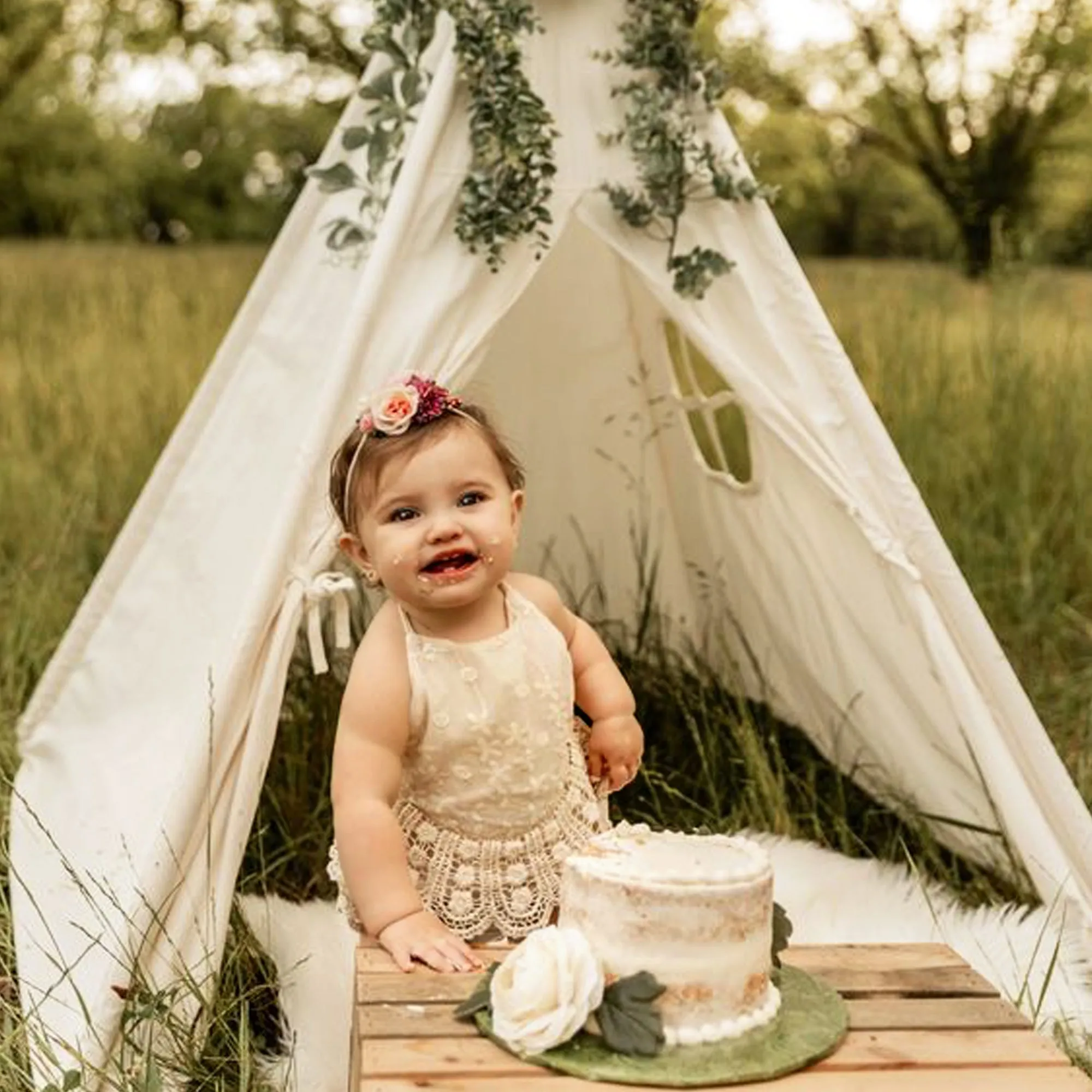 Boho Baby Girl Crochet Lace Romper for First Birthday Cake Smash Photoshoot