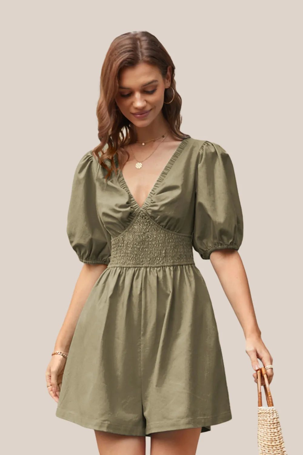 Casual Short Sleeve Wide Leg Romper - Green
