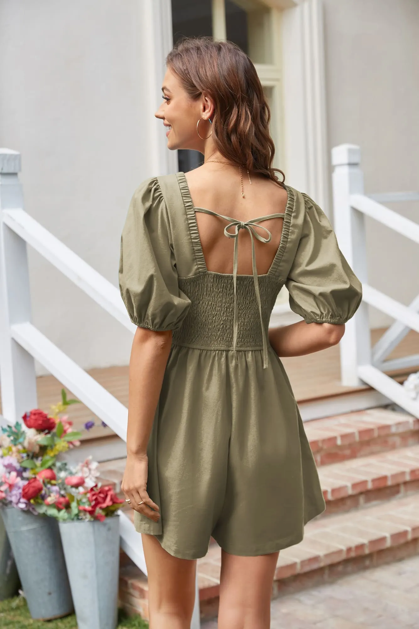 Casual Short Sleeve Wide Leg Romper - Green