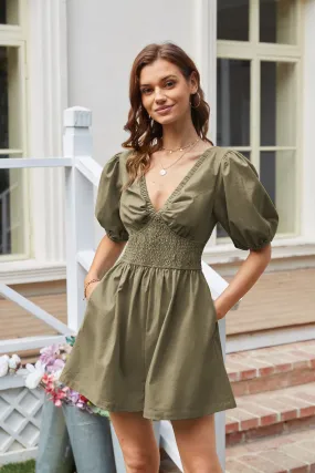 Casual Short Sleeve Wide Leg Romper - Green