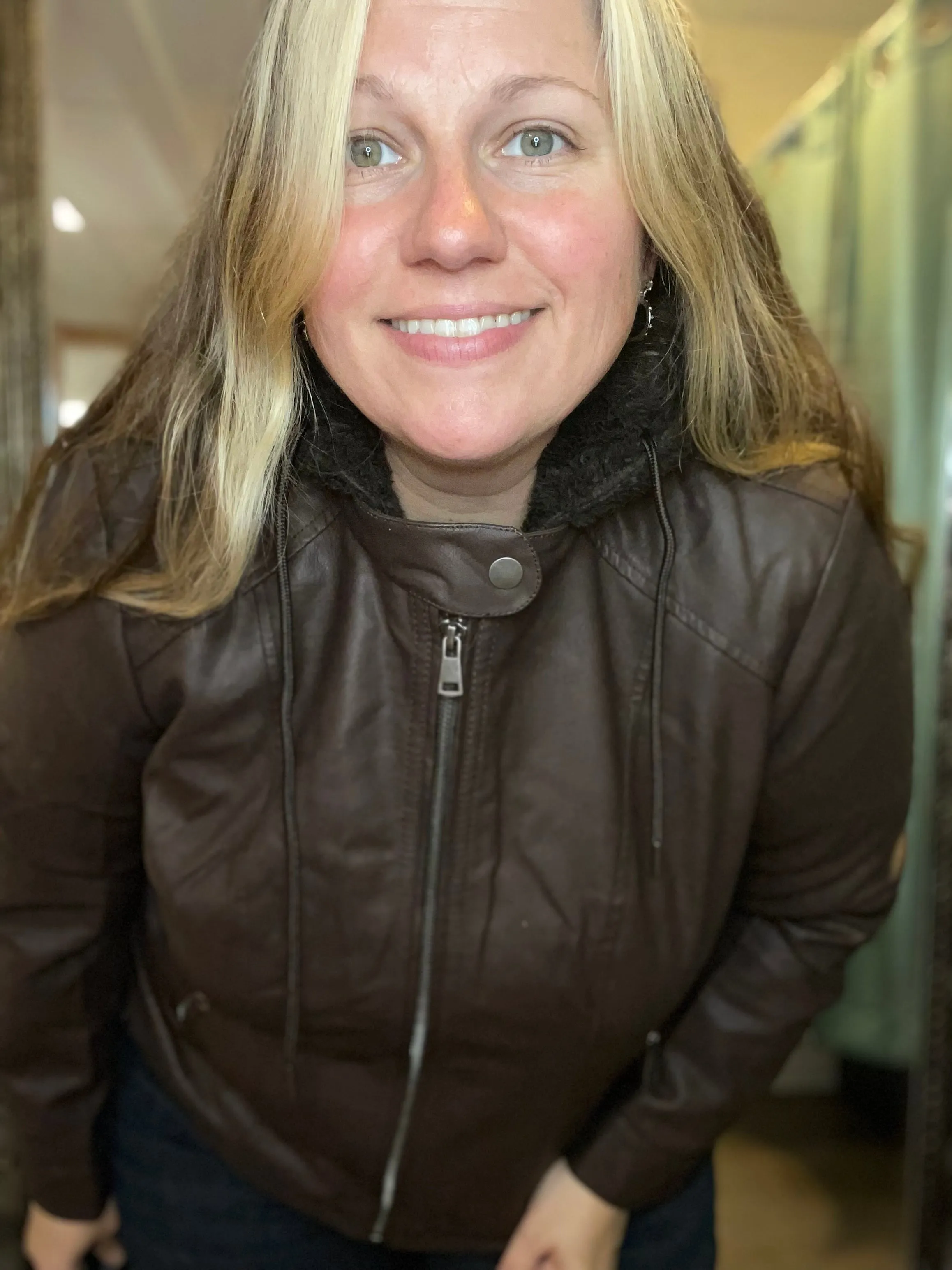 Chocolate Brown Sherpa Trim Vegan Leather Jacket