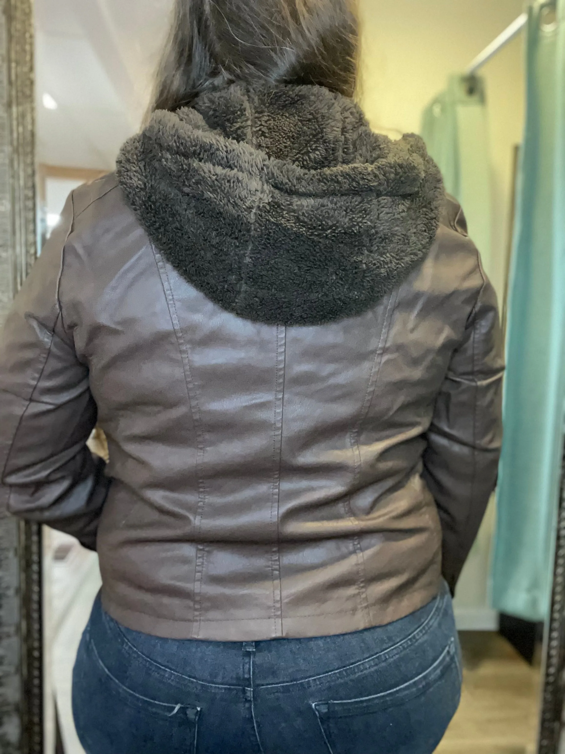 Chocolate Brown Sherpa Trim Vegan Leather Jacket