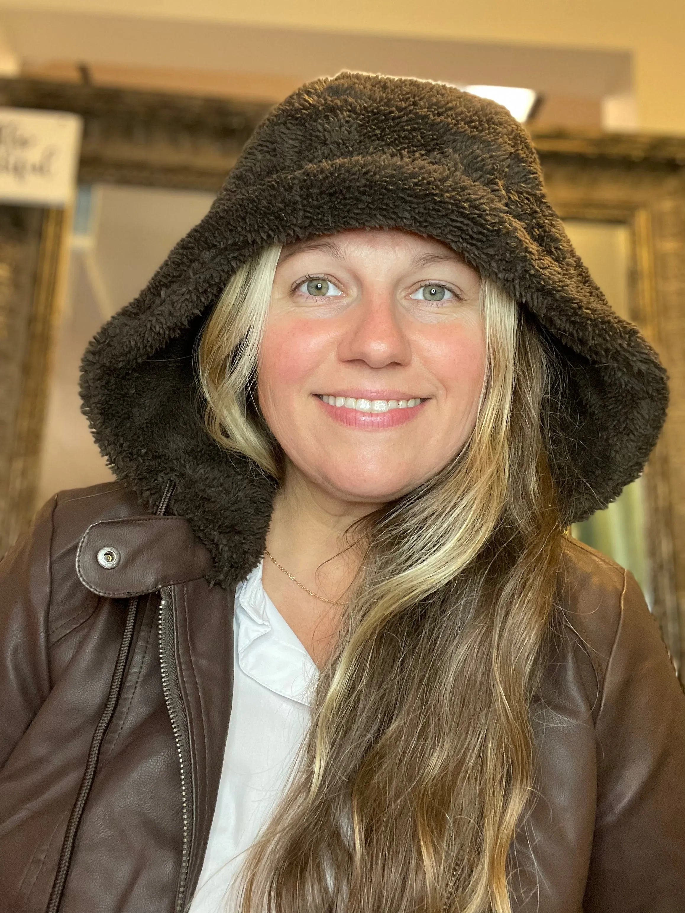 Chocolate Brown Sherpa Trim Vegan Leather Jacket