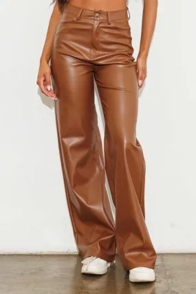Cognac Leather Wide Leg Pants