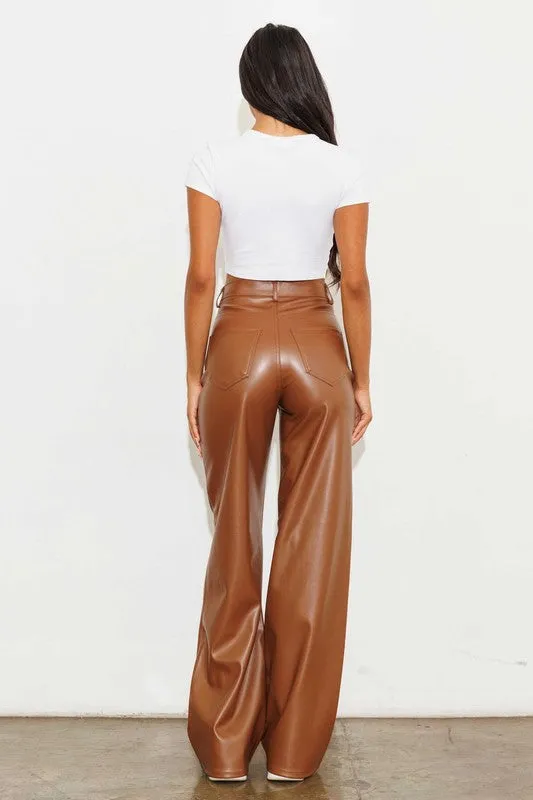 Cognac Leather Wide Leg Pants