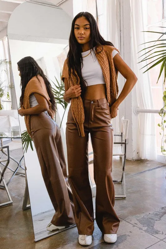 Cognac Leather Wide Leg Pants