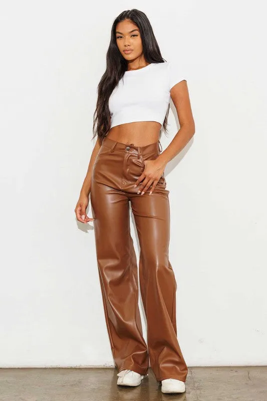 Cognac Leather Wide Leg Pants