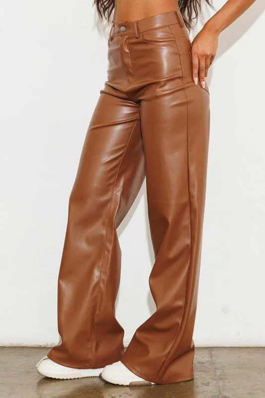 Cognac Leather Wide Leg Pants