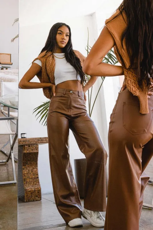 Cognac Leather Wide Leg Pants