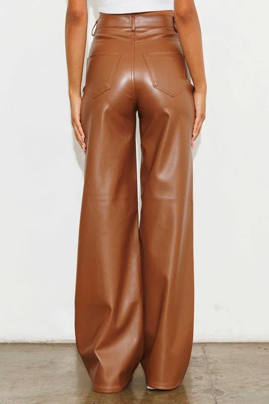 Cognac Leather Wide Leg Pants