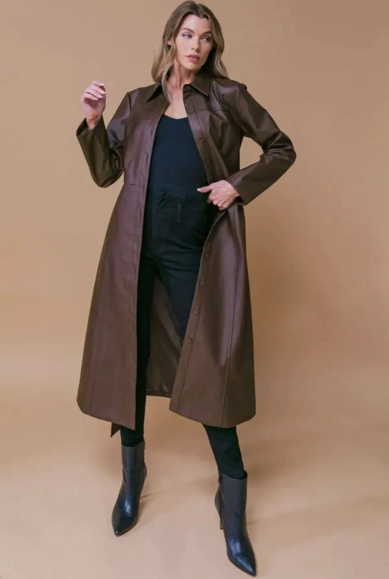 Faux Leather Midi Coat