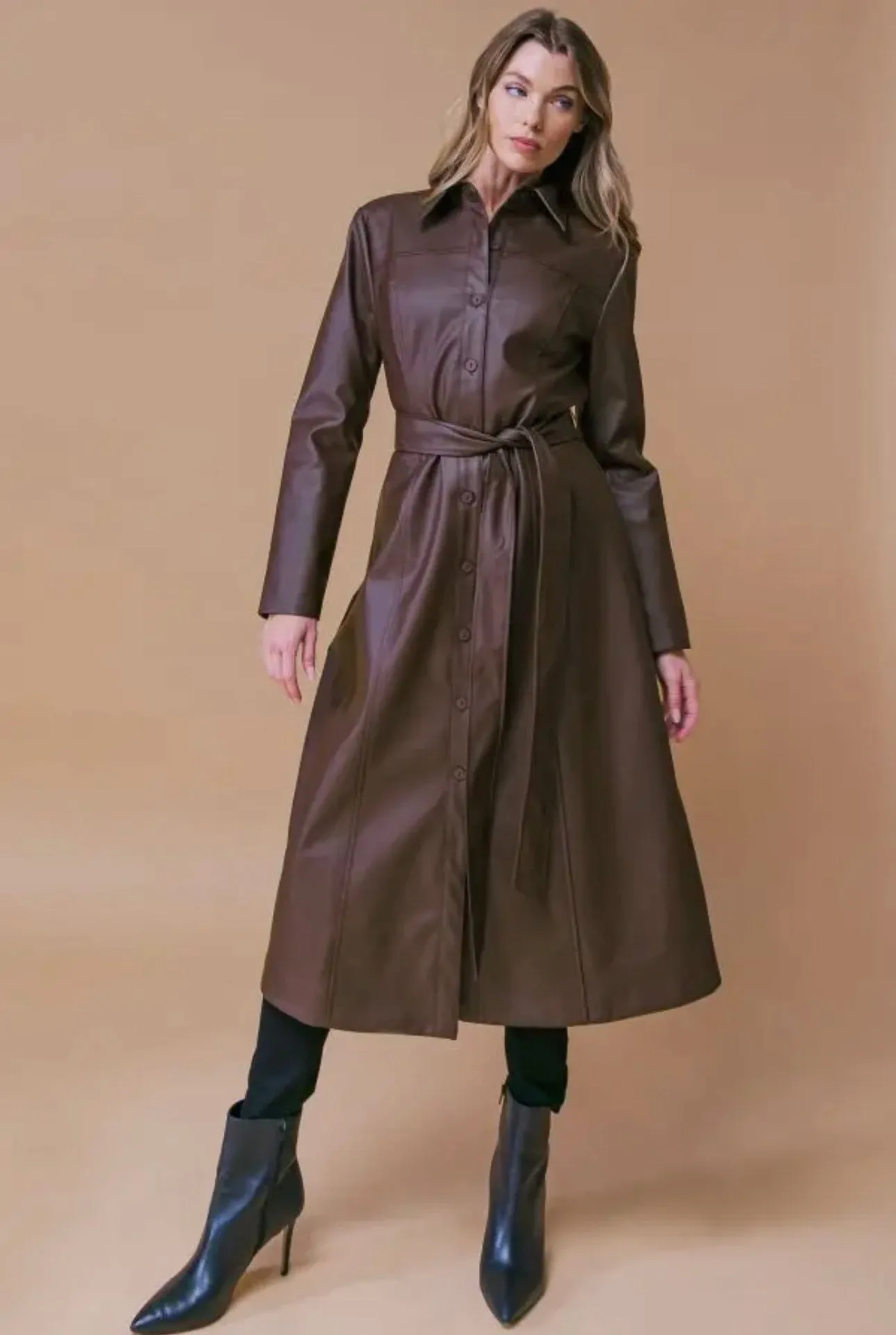 Faux Leather Midi Coat