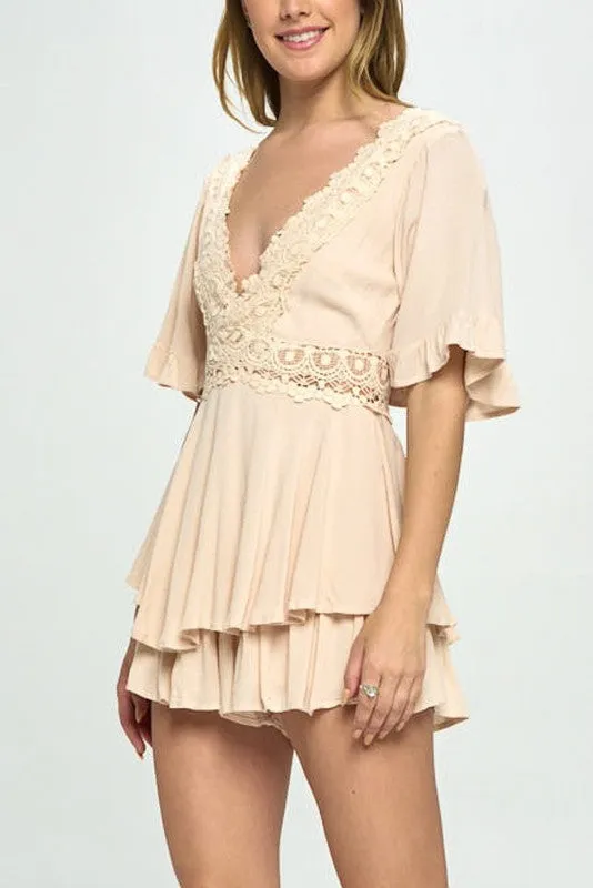 Flutter Sleeved Short Romper with Crochet Trim - Beige, White