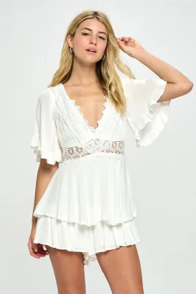 Flutter Sleeved Short Romper with Crochet Trim - Beige, White
