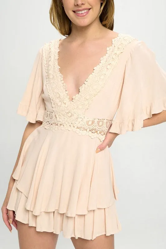 Flutter Sleeved Short Romper with Crochet Trim - Beige, White