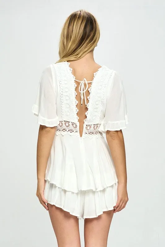 Flutter Sleeved Short Romper with Crochet Trim - Beige, White