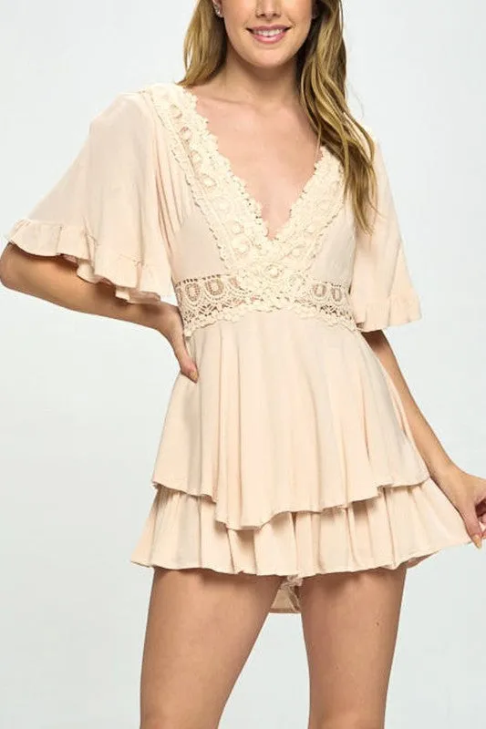 Flutter Sleeved Short Romper with Crochet Trim - Beige, White