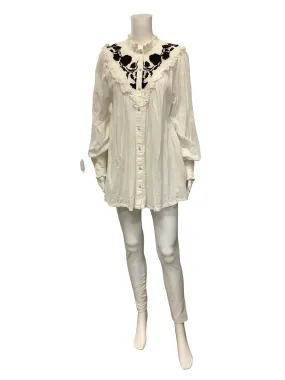 Free People Blouse White Peasant Rose Vine Embroidery Size: S