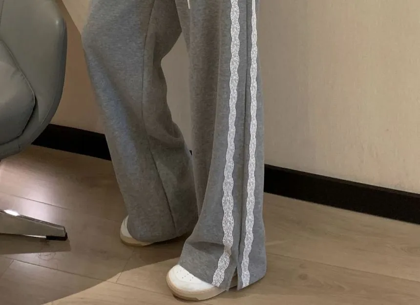 High Waist Lace-Trim Loose-Fit Wide-Leg Sweatpants