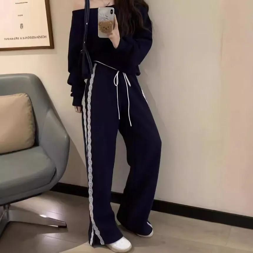High Waist Lace-Trim Loose-Fit Wide-Leg Sweatpants