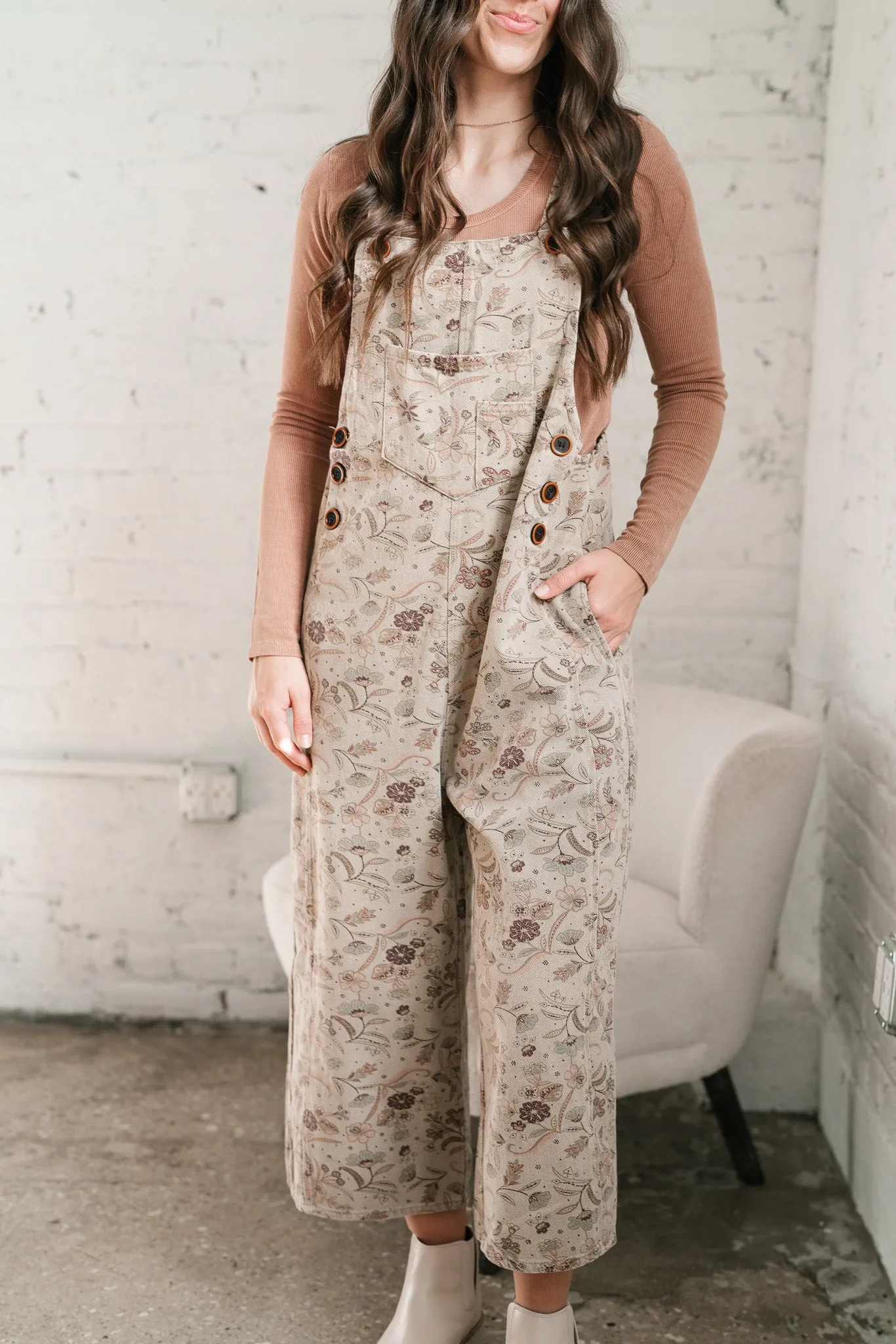 Juniper Floral Print Twill Jumpsuit - Faded Olive