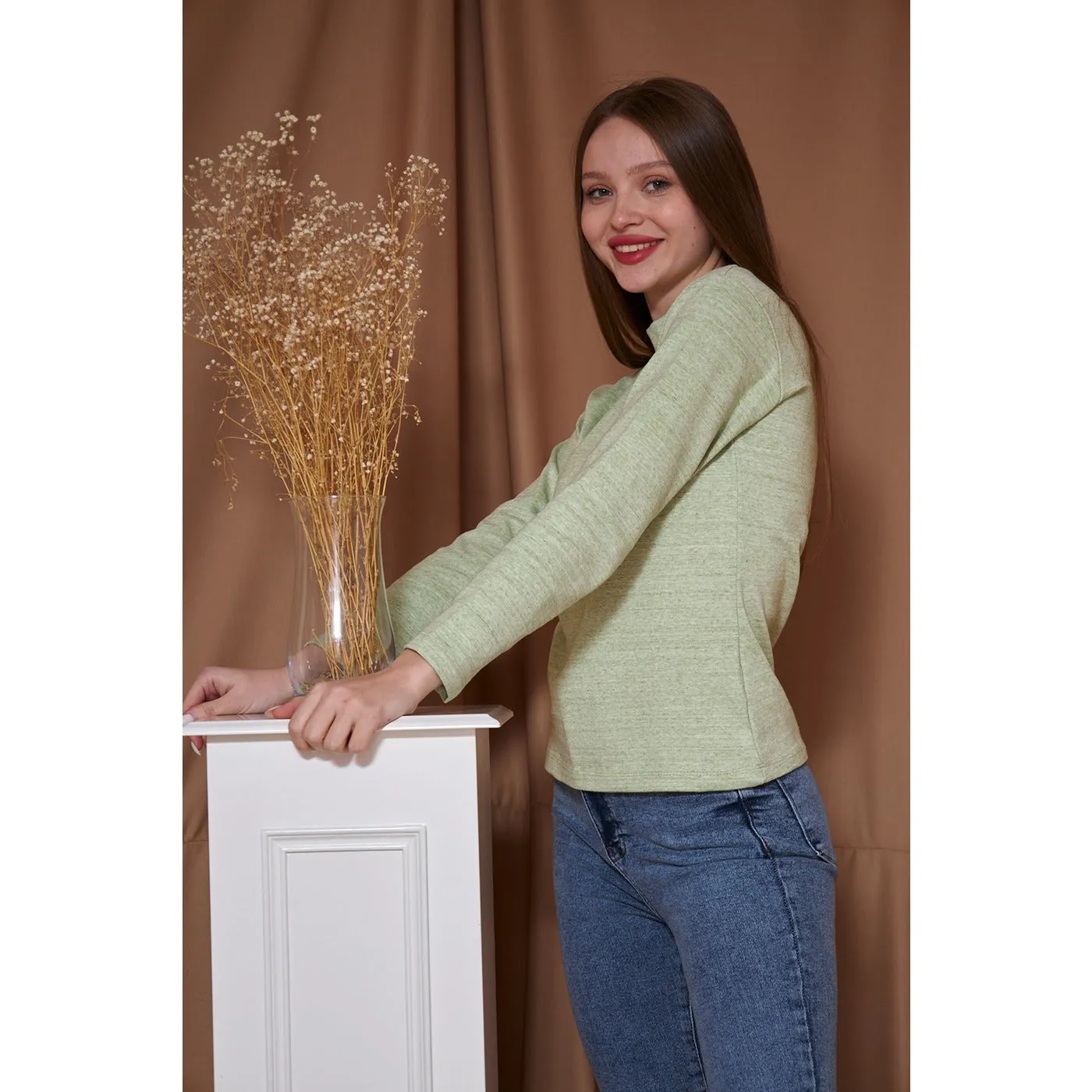 Light Green Melange Mock Neck Sweatshirt