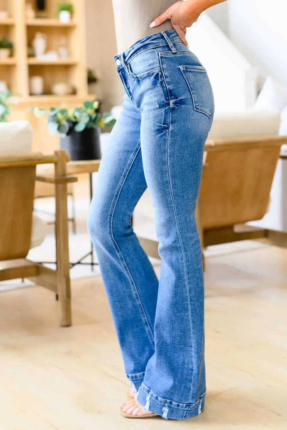Medium Wash Distressed Seam Bootcut Jeans