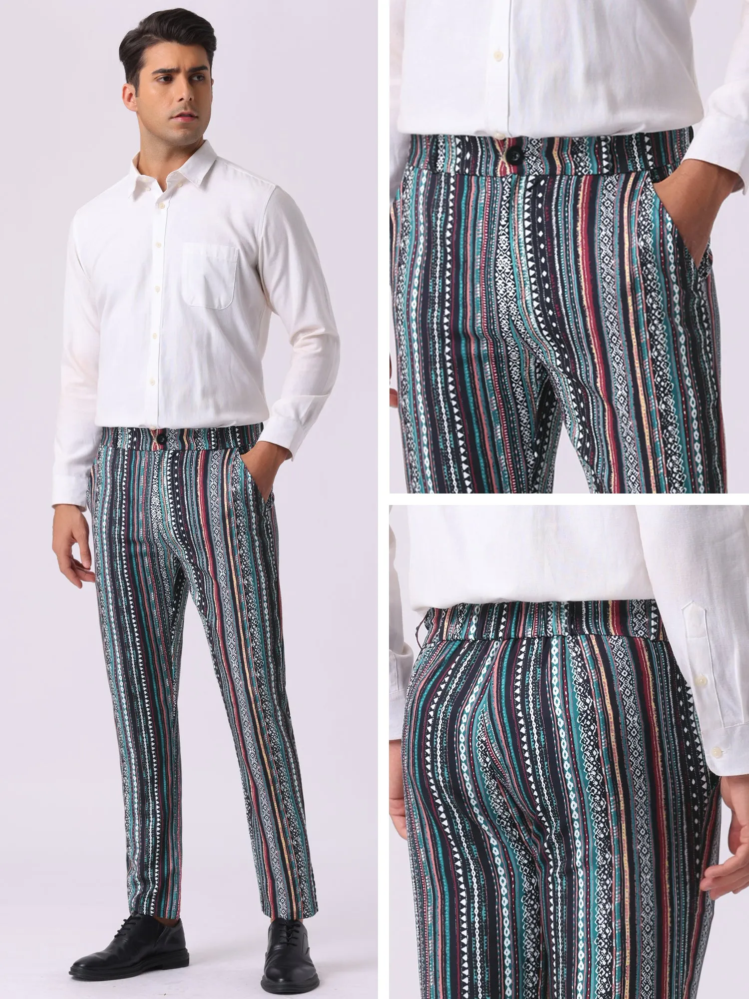 Men's Irregular Pattern Flat Front Prom Color Block Stripe Pants