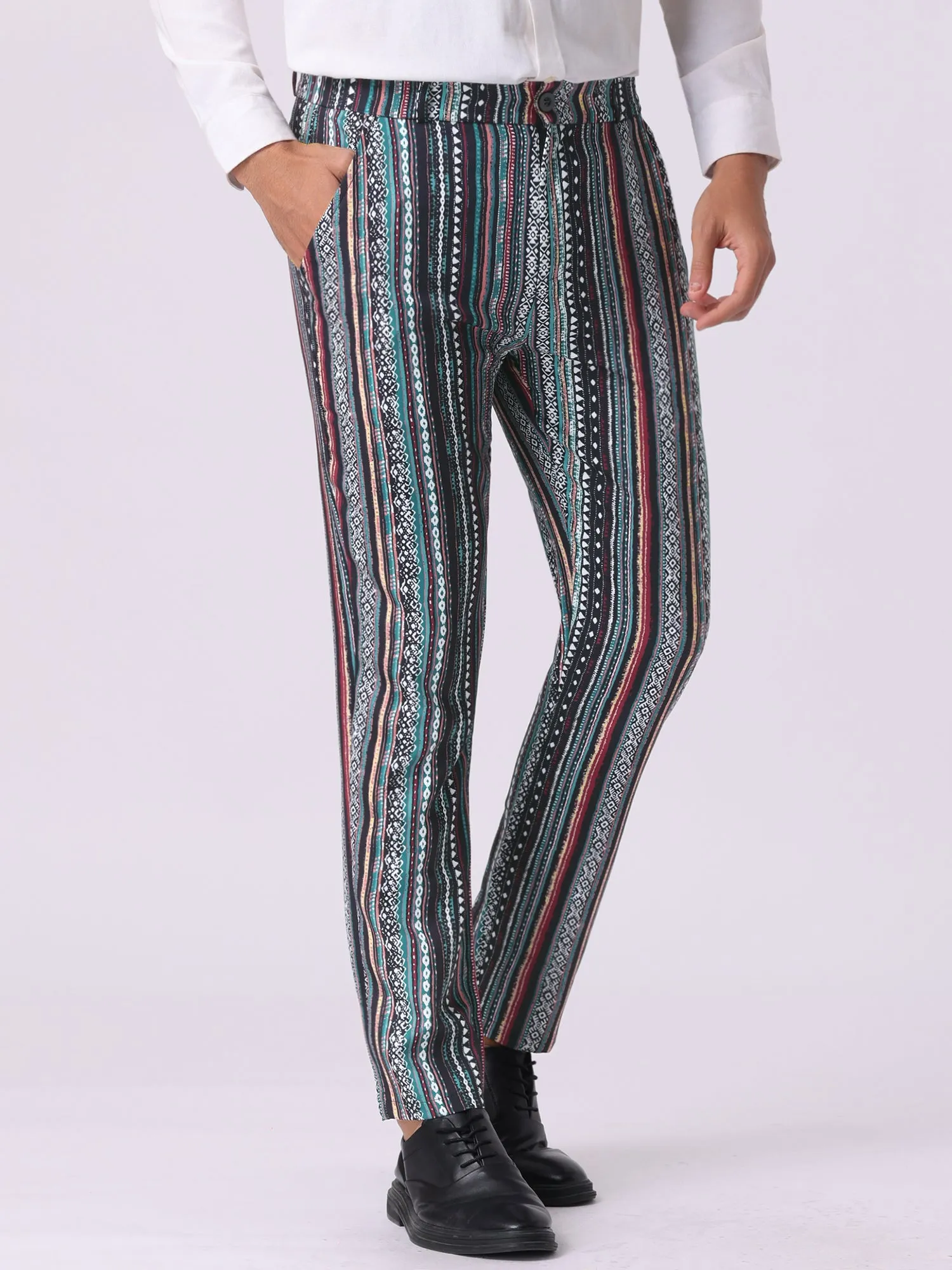 Men's Irregular Pattern Flat Front Prom Color Block Stripe Pants