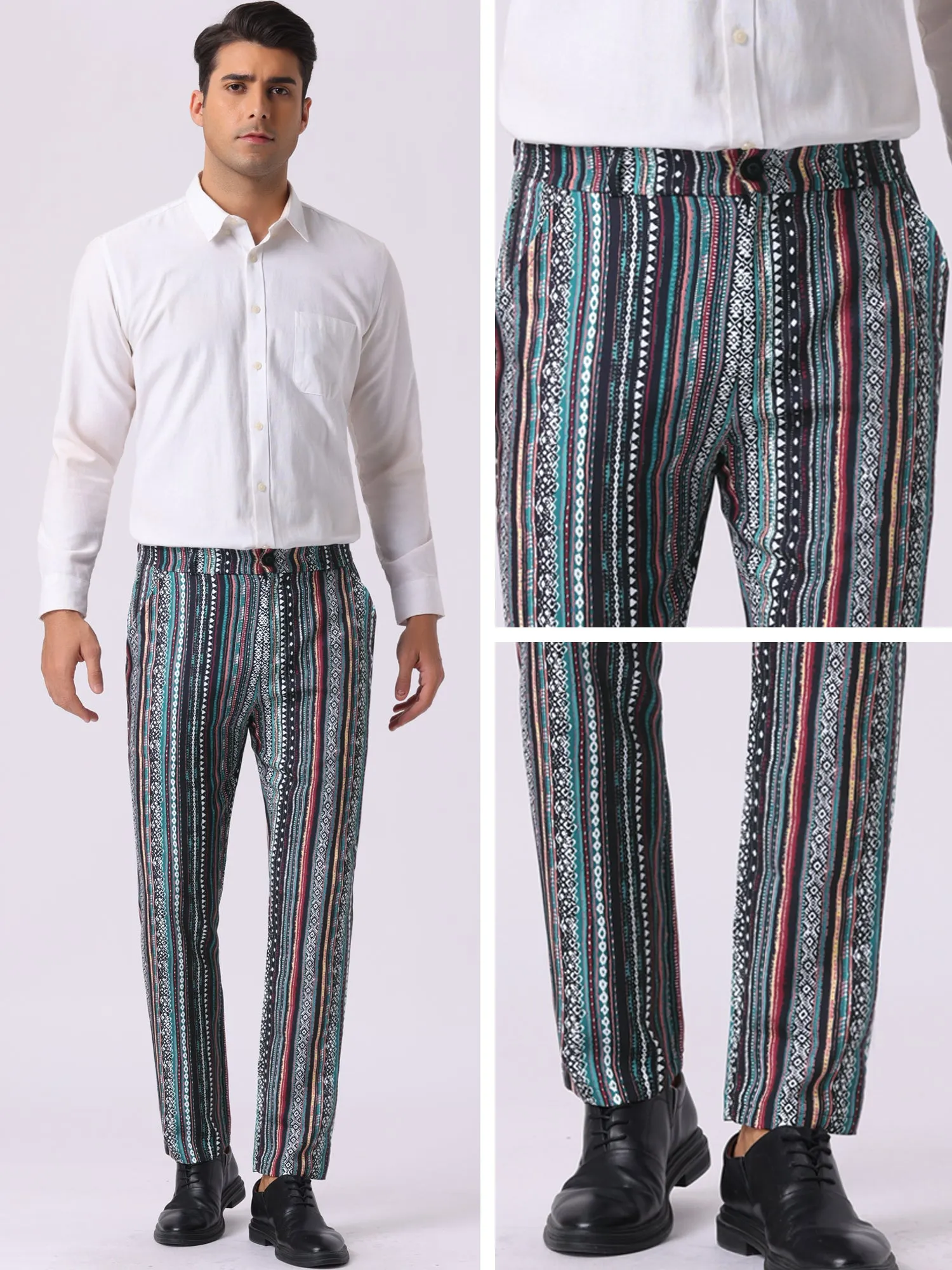 Men's Irregular Pattern Flat Front Prom Color Block Stripe Pants