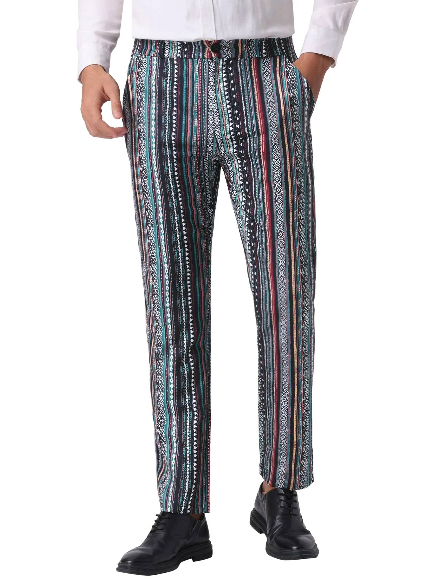 Men's Irregular Pattern Flat Front Prom Color Block Stripe Pants