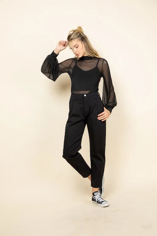 MESH LONG BUBLE SLEEVE MOC NECK TOP