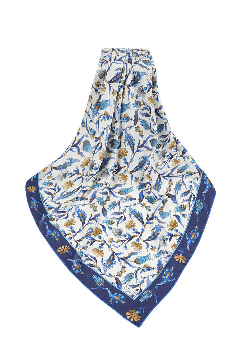 Navy Blue Saks Turkish Pattern Carnation Tulip Pattern Silky Square Scarf