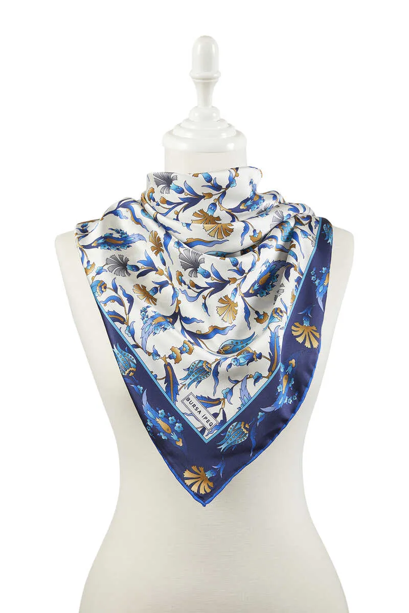 Navy Blue Saks Turkish Pattern Carnation Tulip Pattern Silky Square Scarf