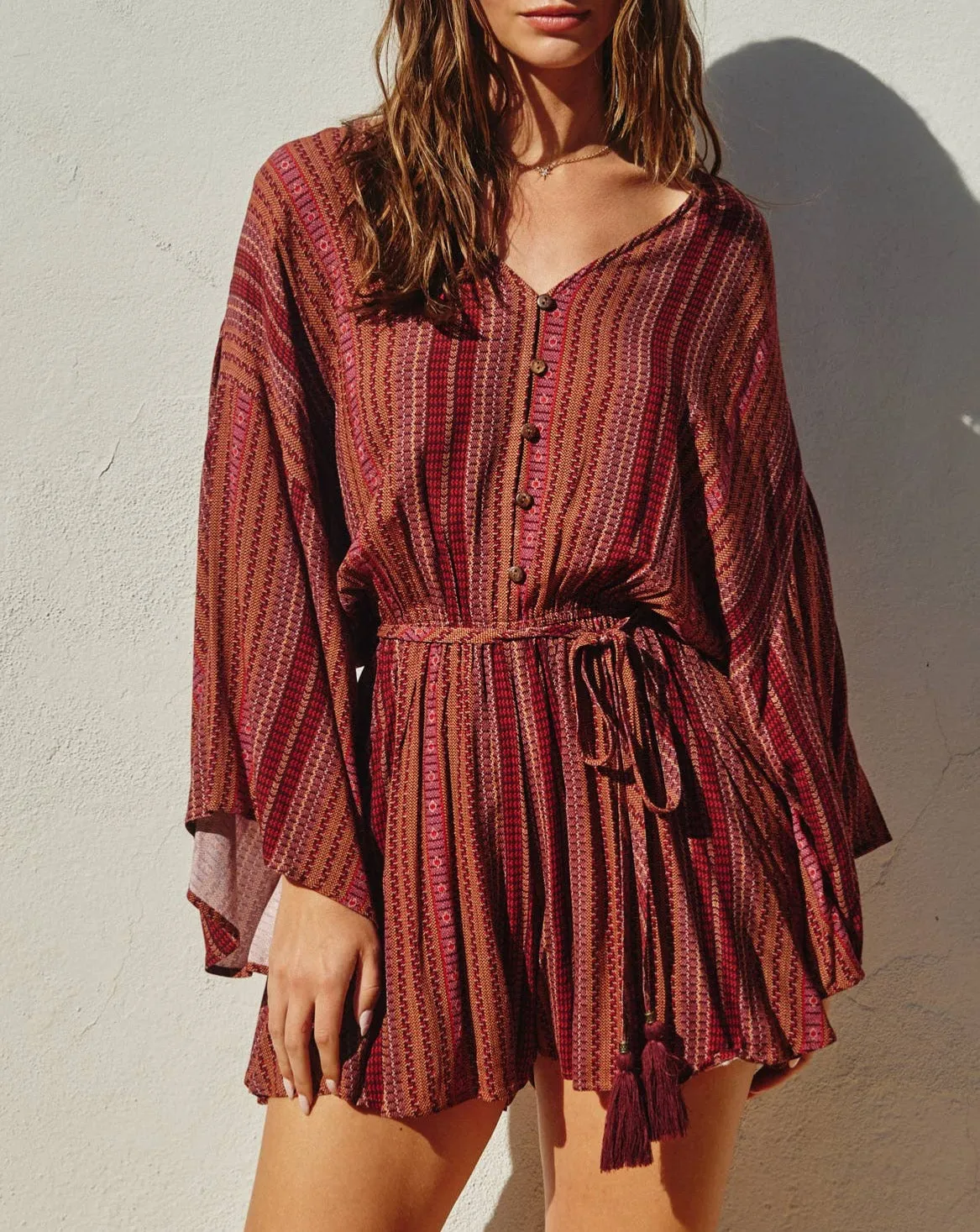 Pacifica Button-Up Short Romper: Persian Red By Storia