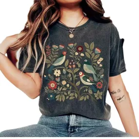 Painted Floral Bird Print Crewneck T-Shirt #468