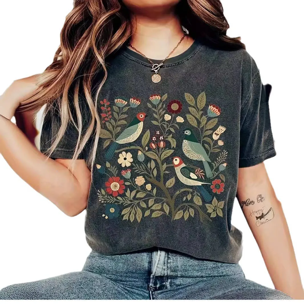 Painted Floral Bird Print Crewneck T-Shirt #468
