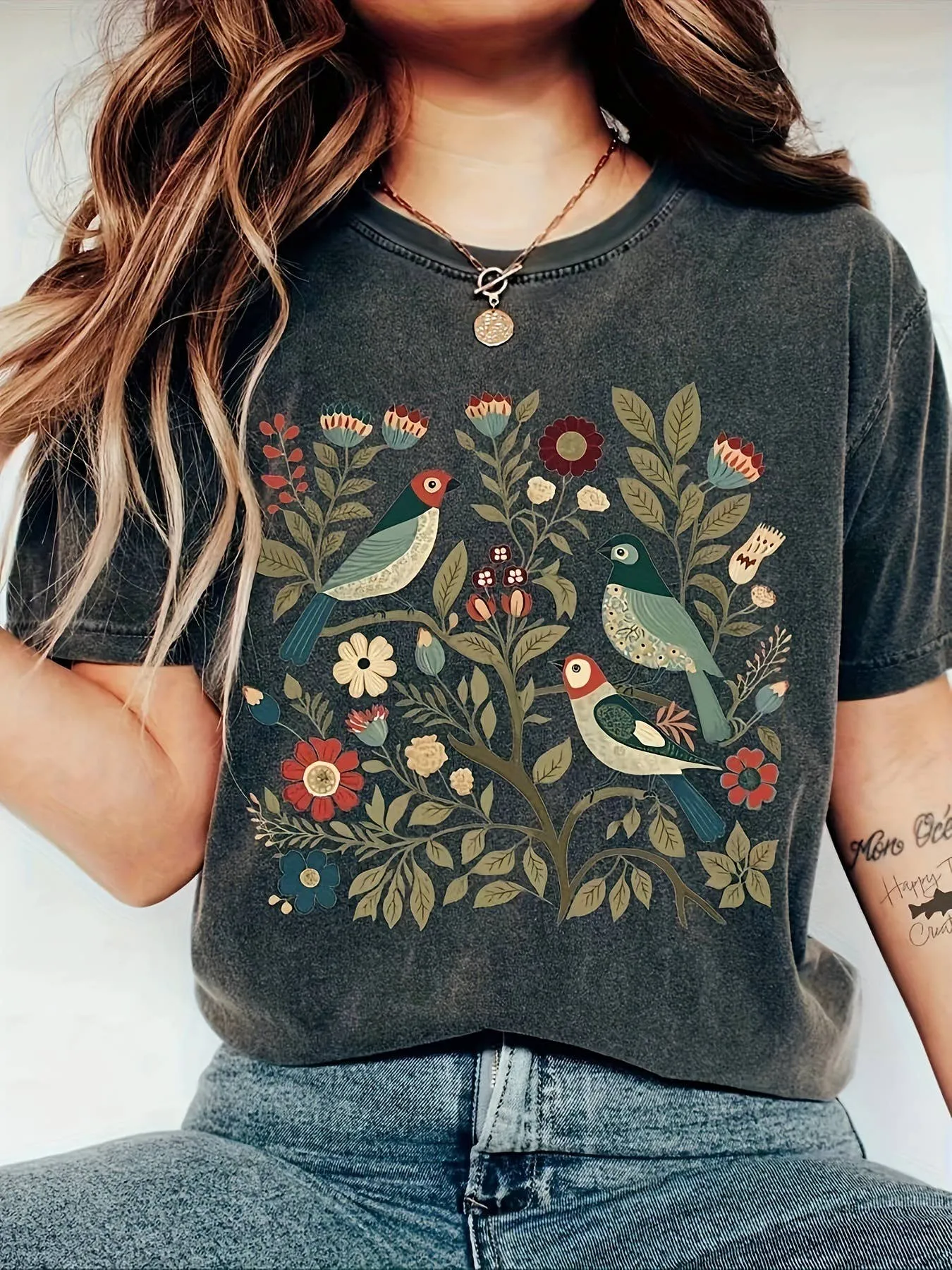 Painted Floral Bird Print Crewneck T-Shirt #468