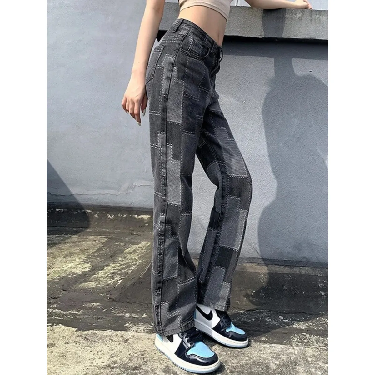 Patchwork High Waist Baggy Jeans