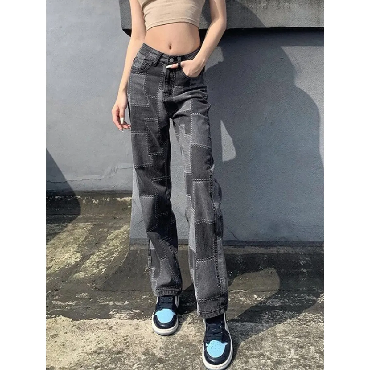 Patchwork High Waist Baggy Jeans