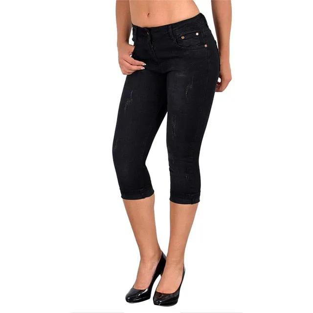 Plus Size Fashion Summer Women High Waist Skinny Jeans Knee Length Hole Ripped Denim Capri Slim Streetwear Stretch Casual Pants