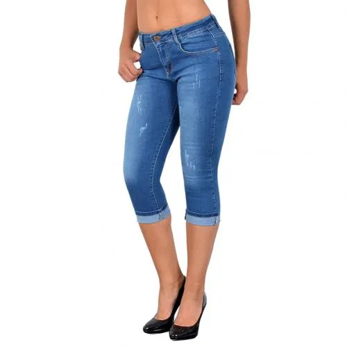 Plus Size Fashion Summer Women High Waist Skinny Jeans Knee Length Hole Ripped Denim Capri Slim Streetwear Stretch Casual Pants