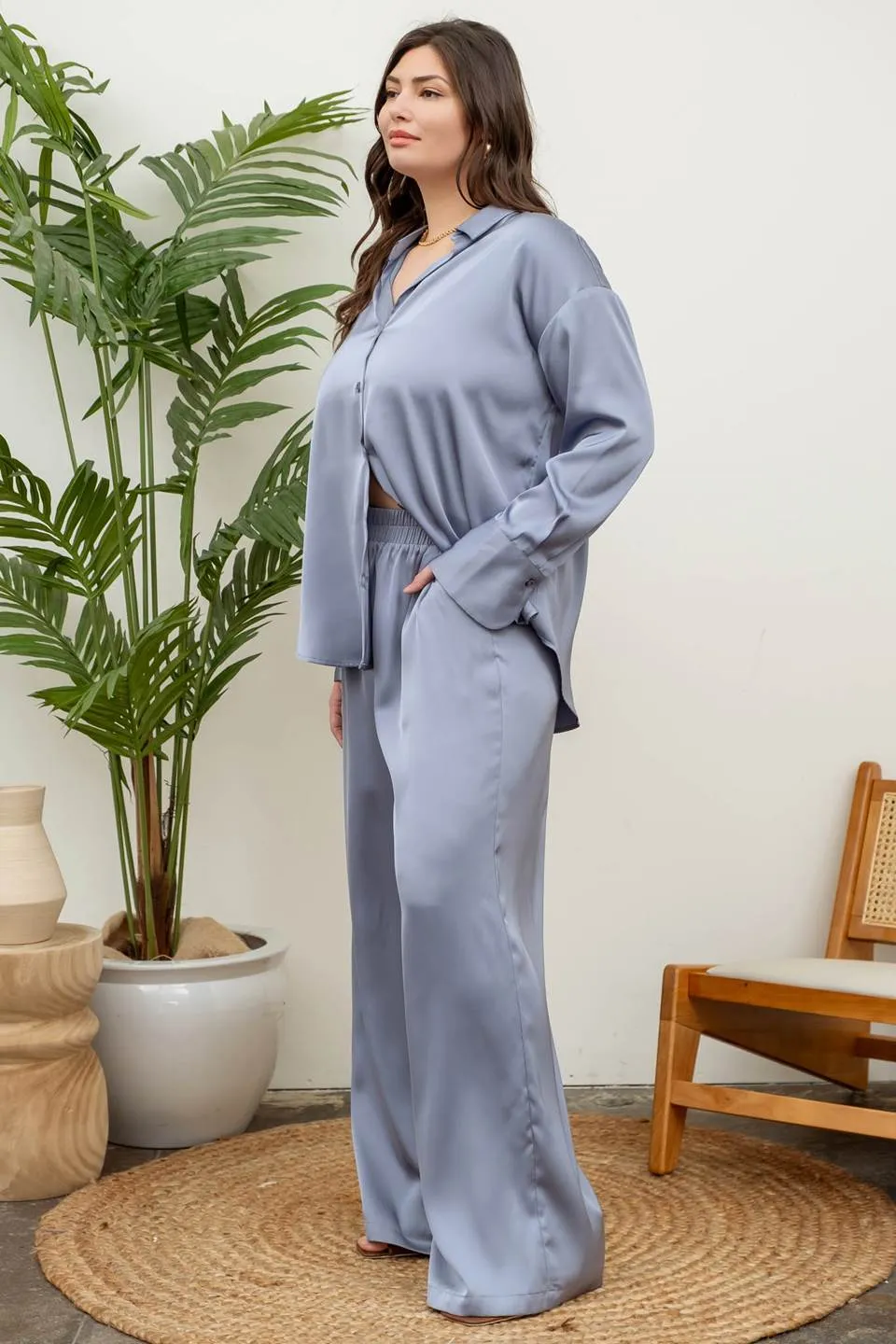 PLUS SOLID SATIN WIDE LEG PANTS
