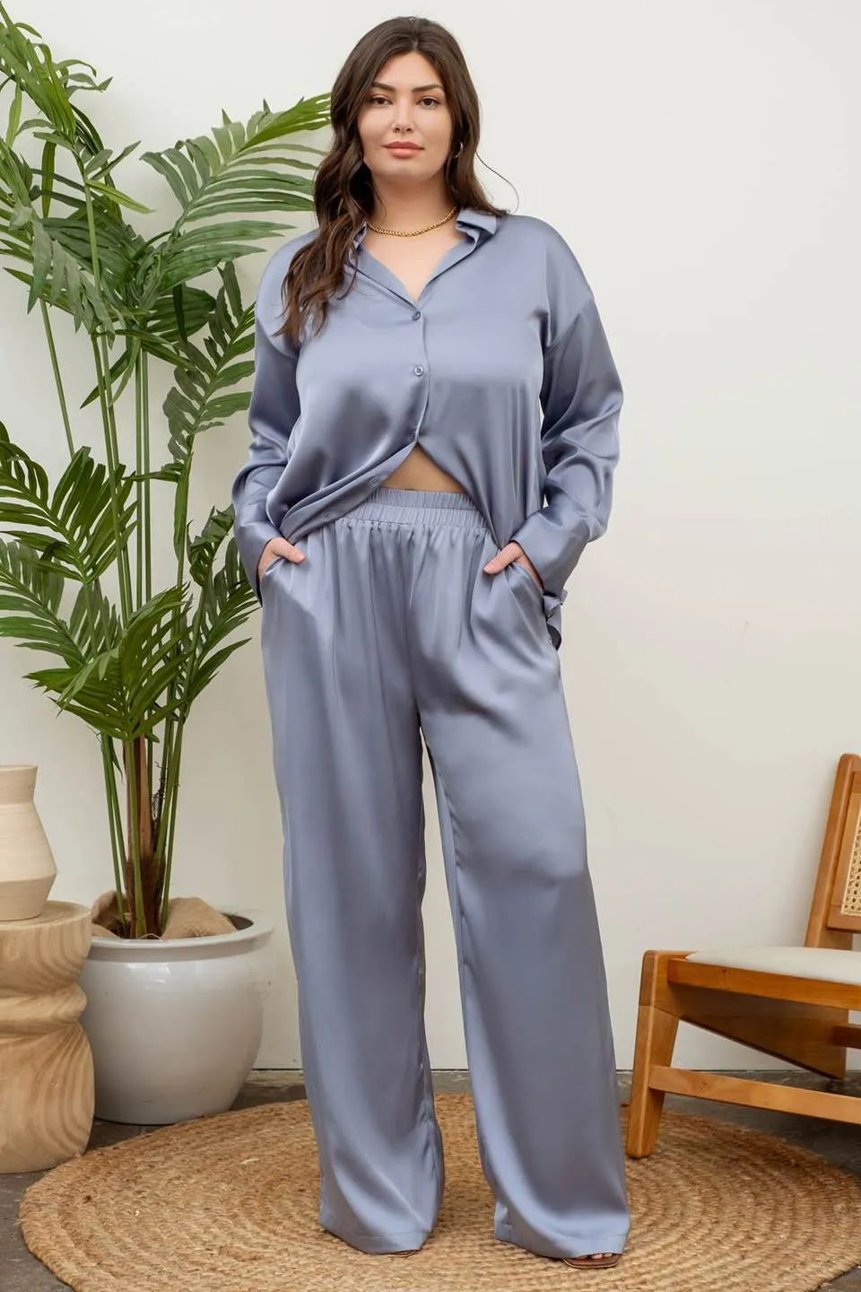 PLUS SOLID SATIN WIDE LEG PANTS