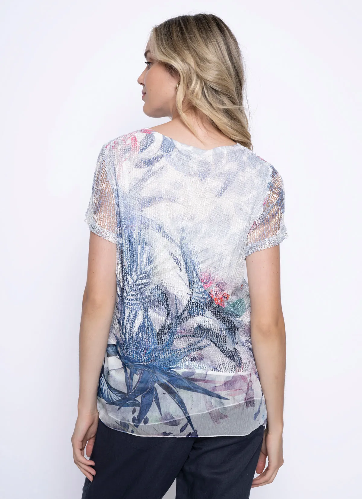Printed Sequin Net Top